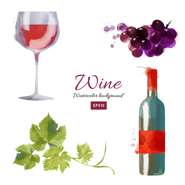 Бутылка акварельного вина с виноградом и бокалом — стоковый вектор