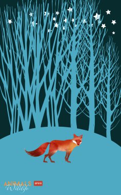 gece ormanda suluboya fox