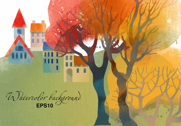 Watercolor autumn town background — Stok Vektör