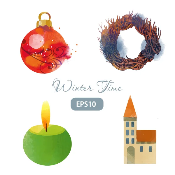 クリスマスの花輪の水彩画 — ストックベクタ