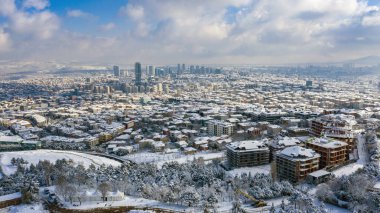 Türkiye 'nin İstanbul kentinin muhteşem manzarasını yakalayan Camlica Tepesi' nin üzerinde bir dron tarafından çekilen panoramik bir fotoğraf. Kış boyunca şehrin canlı renkleri onun orijinalliğini yansıtır.