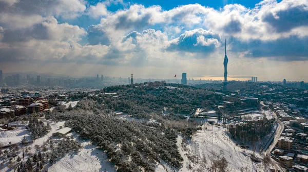 Türkiye 'nin İstanbul kentinin muhteşem manzarasını yakalayan Camlica Tepesi' nin üzerinde bir dron tarafından çekilen panoramik bir fotoğraf. Kış boyunca şehrin canlı renkleri onun orijinalliğini yansıtır.