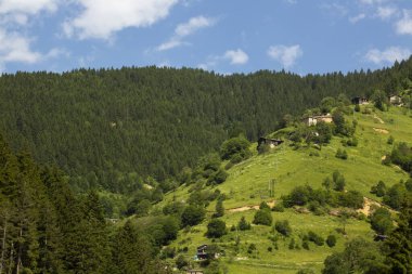 Üzerinde yerleşim alanları olan eşsiz bir dağ manzarası ağaçlarla dolu mükemmel bir panoramik manzara..