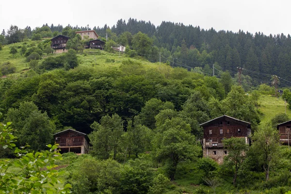 Vistas únicas a la montaña en pavo con zonas residenciales, vista panorámica perfecta llena de árboles. —  Fotos de Stock