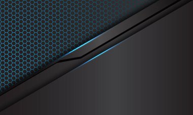 Soyut mavi altıgen örgü gri metalik siyah çizgi çokgeni ve boş uzay tasarımı modern fütüristik teknoloji arka plan çizimi.