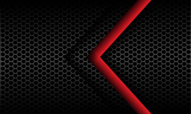 Koyu gri metalik altıgen ağ desenli modern fütüristik arkaplan çizimi üzerinde soyut kırmızı ok yönü.