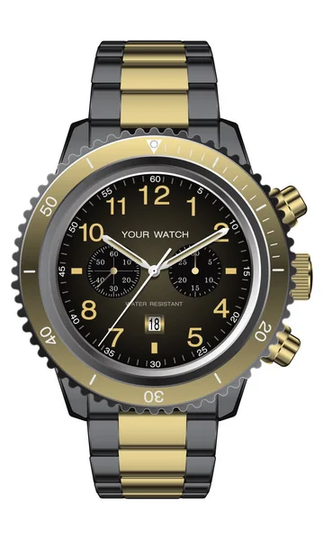 現実的な時計は 男性のためのクロノグラフゴールドブラックデザイン白の背景ベクトルイラスト上の贅沢 — ストックベクタ