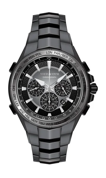 Realistische Horloge Klok Chronograaf Staal Zwart Gezicht Voor Mannen Design — Stockvector
