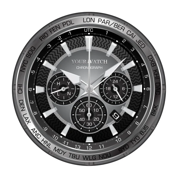 Realistico Orologio Nero Argento Faccia Lusso Cronografo Sfondo Bianco Vettoriale — Vettoriale Stock