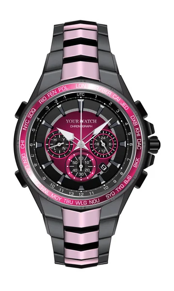 Realistische Horloge Klok Chronograaf Roze Zwart Staal Design Mode Voor — Stockvector