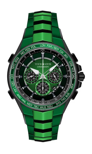 Reloj Realista Cronógrafo Verde Negro Diseño Acero Moda Para Los — Vector de stock