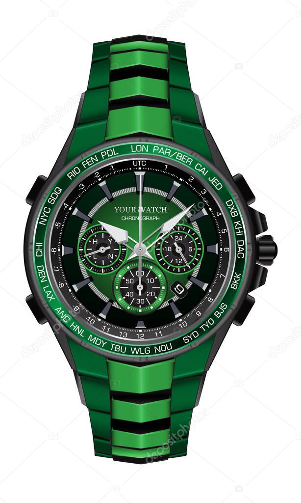 Realistic watch clock chronograph green black steel design fashion for men luxury elegance on white background vector illustration.