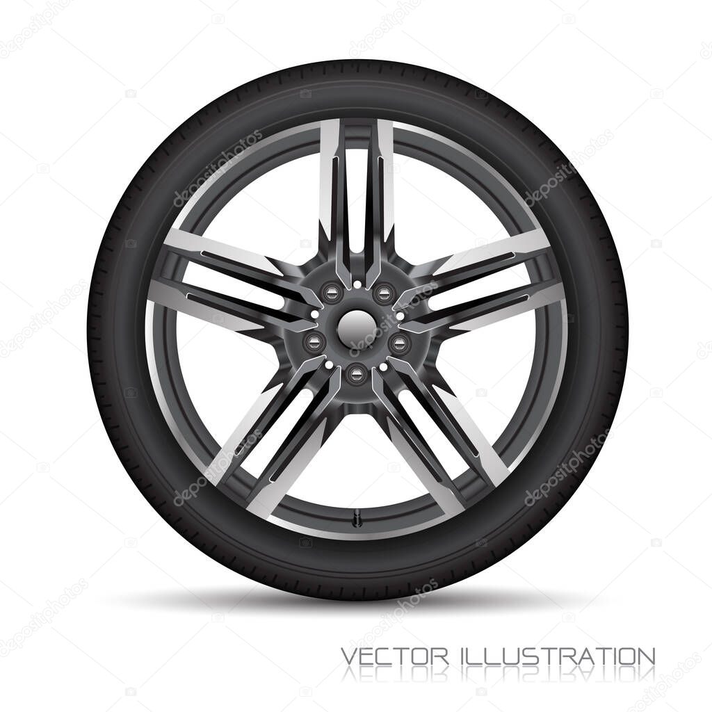 Realistic allow car wheel silver grey star shape with black tire on white background design sport vector illustration.
