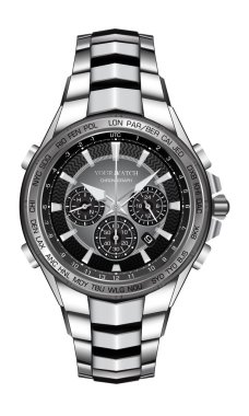 Erkeklerin lüks vektör illüstrasyonları için beyaz arka plan tasarımında gerçekçi gümüş saat siyah yüz..