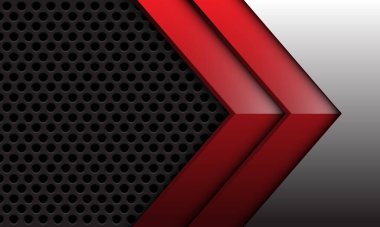 Soyut kırmızı ikiz ok parıltılı yön koyu çember ağ desen desenli gri metalik modern fütüristik arkaplan çizimi.