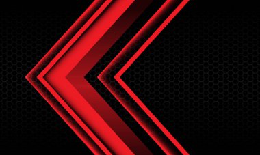 Siyah altıgen örgü desenli modern fütüristik arkaplan çizimi üzerinde soyut kırmızı ok gölgesi geometrik yönü.