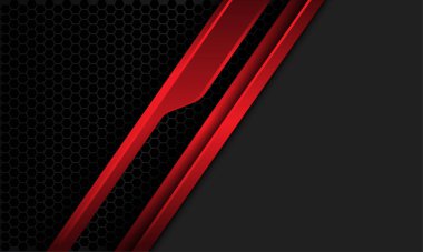 Soyut kırmızı metalik çizgi siber / koyu gri altıgen örgü ve boş uzay tasarımı modern fütürist arkaplan çizimi.