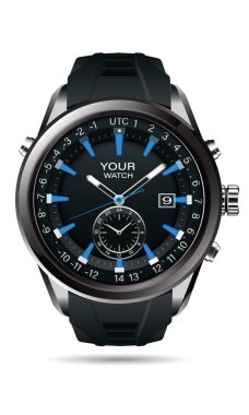 Realistic vector of clock watch chronograph grey steel black dashboard face white number text blue design luxury elegance for men on white background.