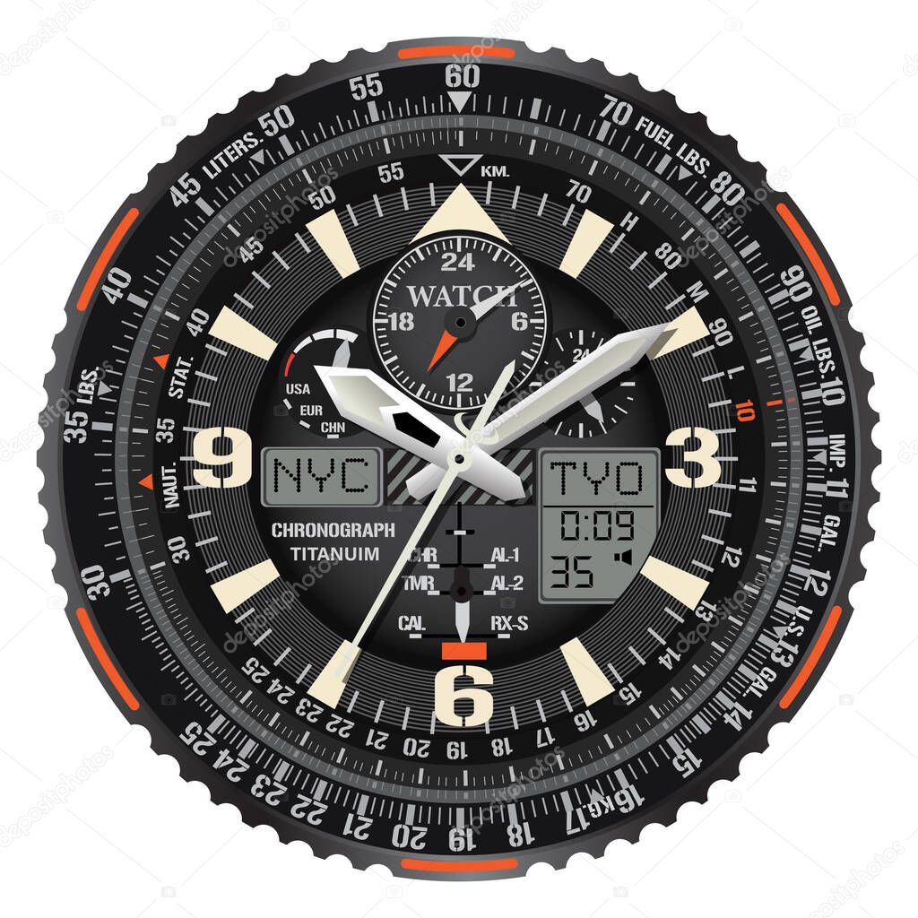 Realistic vector of clock watch chronograph face black metallic white orange text number digital for men luxury on white background illustration.