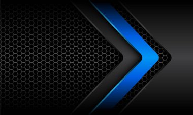 Boş uzay tasarımlı altıgen ağ deseni üzerinde soyut mavi gri ok gölge yönü modern fütüristik teknoloji arkaplan çizimi.