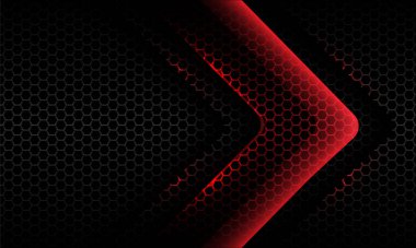 Karanlık altıgen örgü desenli modern fütüristik arkaplan çizimi üzerinde soyut kırmızı ışık neon oku parlak yönü.