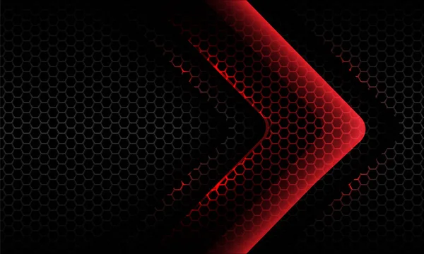 Abstract Rood Licht Neon Pijl Glanzende Richting Donkere Zeshoek Mesh — Stockvector