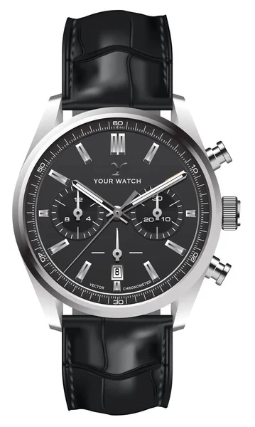 Realistyczny Zegarek Srebrny Skórzany Pasek Czarny Biały Wzór Klasyczny Luksusowy — Wektor stockowy