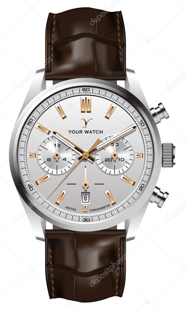 Realistic watch clock silver gold leather strap brown on white design classic luxury vector illustration.