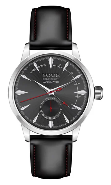 Gerçekçi Saat Gümüş Siyah Deri Kayış Kırmızı Beyaz Tasarım Klasik — Stok Vektör