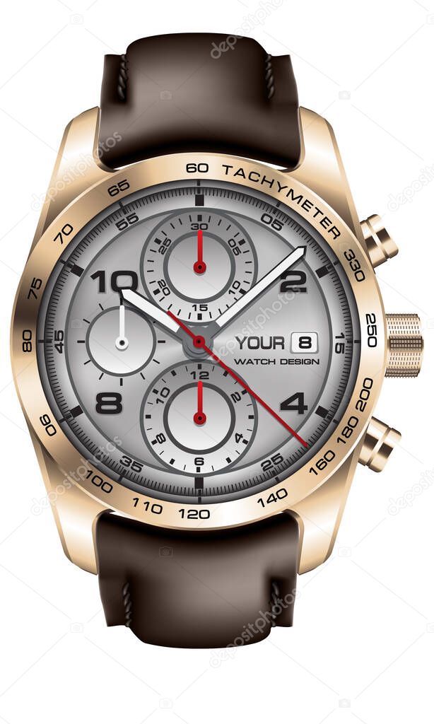 Realistic gold watch clock chronograph grey face red white arrow black number leather strap brown on white design classic luxury vector illustration.