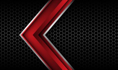 Gri altıgen ağ örgüsü üzerinde soyut kırmızı gümüş ok yönü modern lüks fütüristik teknoloji vektör arkaplanı