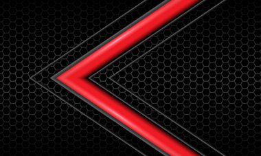 Karanlık altıgen ağ örgüsü üzerinde soyut kırmızı parlak gri ok çizgisi yönü modern lüks fütüristik teknoloji arka planı