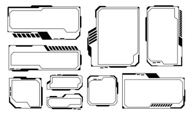 Hud çerçeve siyah kullanıcı arayüzü unsurları tasarlıyor modern teknoloji fütüristik kontrol paneli dijital sanal pencere oyun menüsü beyaz arkaplan vektör ilülasyonunda siber monitöre dokunuyor.