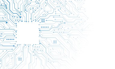 Soyut mavi devre kartı teknolojisi elektronik elementlere bağlı bilgisayar anakart işlemcisi yarı iletken dijital beyaz arkaplan vektör çizimi.
