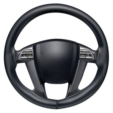Direksiyonun direksiyon kontrolü için gerçekçi direksiyon süperotomobil parçaları gri deri ve siyah kevlar desenli beyaz arka planda kontrol modu ile kaplı..