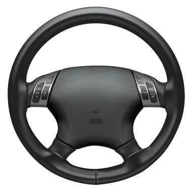 Direksiyonun direksiyon kontrolü için gerçekçi direksiyon süperotomobil parçaları gri deri ve siyah kevlar desenli beyaz arka planda kontrol modu ile kaplı..