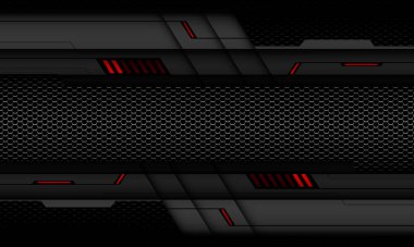 Soyut gri metalik kırmızı ışık siber fütüristik geometrik kara altıgen ağ tasarımı modern teknoloji arkaplan çizimi.