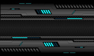 Soyut gri metalik mavi ışık siber fütüristik geometrik siyah altıgen ağ tasarımı modern teknoloji arkaplan çizimi.
