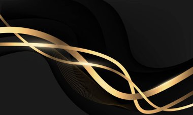 Soyut altın kurdele dalga eğrisi siyah üzerine boş uzay tasarımı lüks arka plan çizimi ile örtüşür.