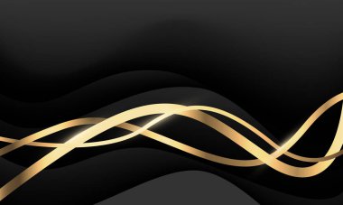 Soyut altın kurdele dalga eğrisi siyah üzerine boş uzay tasarımı lüks arka plan çizimi ile örtüşür.
