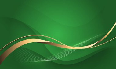 Yeşil üzerinde soyut altın kurdele dalga eğrisi boş uzay tasarımı lüks arka plan çizimi ile örtüşüyor.