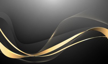 Siyah tasarım üzerine soyut dalga altın kurdele eğrisi modern lüks arka plan illüstrasyonu.
