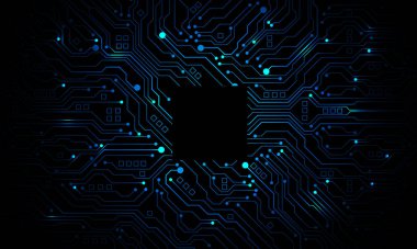 Soyut mavi devre kartı teknolojisi elektronik elementlere bağlı bilgisayar ana kart işlemcisi yarı iletken siyah arkaplan vektöründe dijital