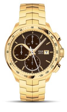 Gerçekçi saat kronografisi altın çelik tasarım lüks nesne erkekler için beyaz arka plan vektörü