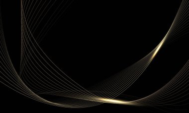Siyah arkaplan vektörü illüstrasyonunda soyut altın çizgiler eğrisi dalga lüksü.