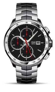 Gerçekçi saat kronografisi siyah paslanmaz çelik kırmızı ok tasarımı lüks moda nesnesi beyaz arka plan vektörü erkekler için