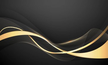 Soyut altın kurdele lüks dalga eğrisi siyah tasarım modern arka plan illüstrasyonunda çakışıyor.