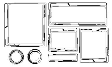 HUD siyah kullanıcı arayüzü unsurlarını çerçeveler modern teknoloji fütüristik kontrol paneli dijital sanal pencere oyun menüsü siber monitöre dokunarak beyaz arkaplan vektörünü ayarlar