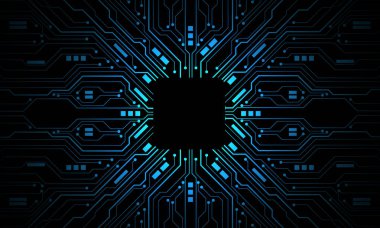 Soyut mavi devre kartı teknolojisi elektronik hatlara bağlı bilgisayar ana kart işlemcisi yarı iletken dijital arkaplan vektörü