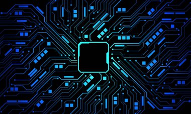 Soyut mavi devre kartı teknolojisi elektronik hatlara bağlı bilgisayar ana kart işlemcisi yarı iletken dijital arkaplan vektörü